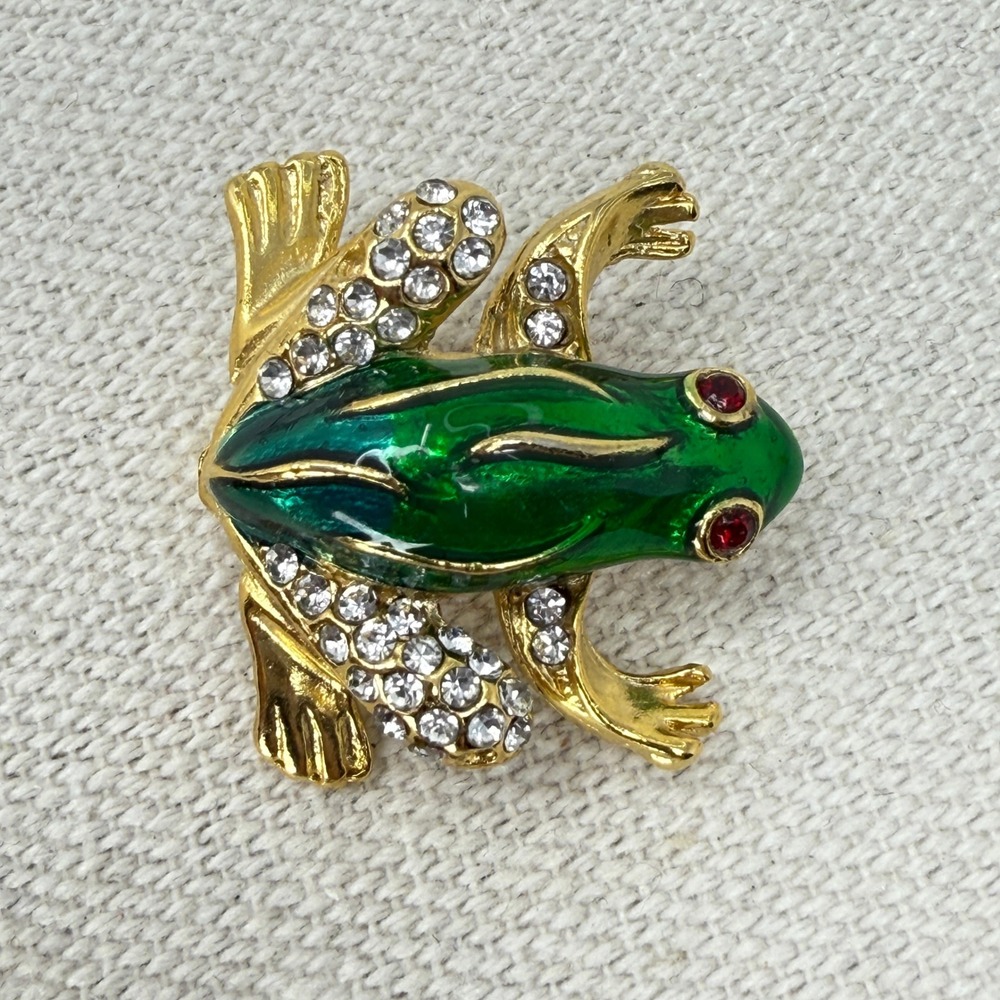 Enamel Rhinestone Frog Brooch Pin Gold Tone Green Gemstone Eyes Animal Charm